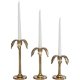 Deco 79 Aluminum Metal Decorative Candle Holder Palm Tree Candle Stand, Set of 3 Candlestick Holder 6", 8", 10"H, Gold