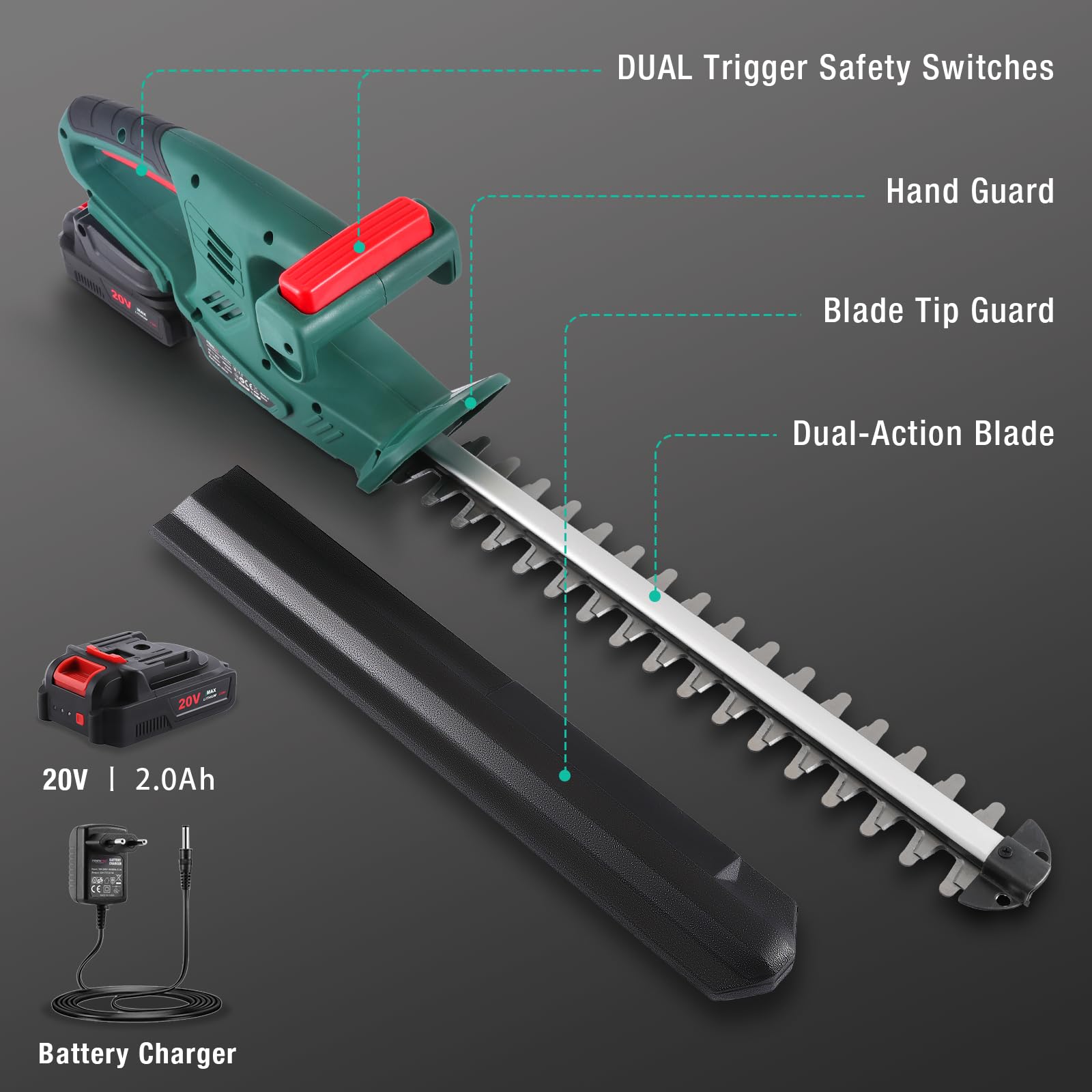 Akku Heckenschere, POSENPRO Elektro Heckenschere Elektrischer Heckenschneider, 45cm Schnittlänge, 20V Akku 2,0 Ah mit Ladegerät, 14mm Zahnabstand Dual Schnittklingen, Ideal für Hohe Hecken 2
