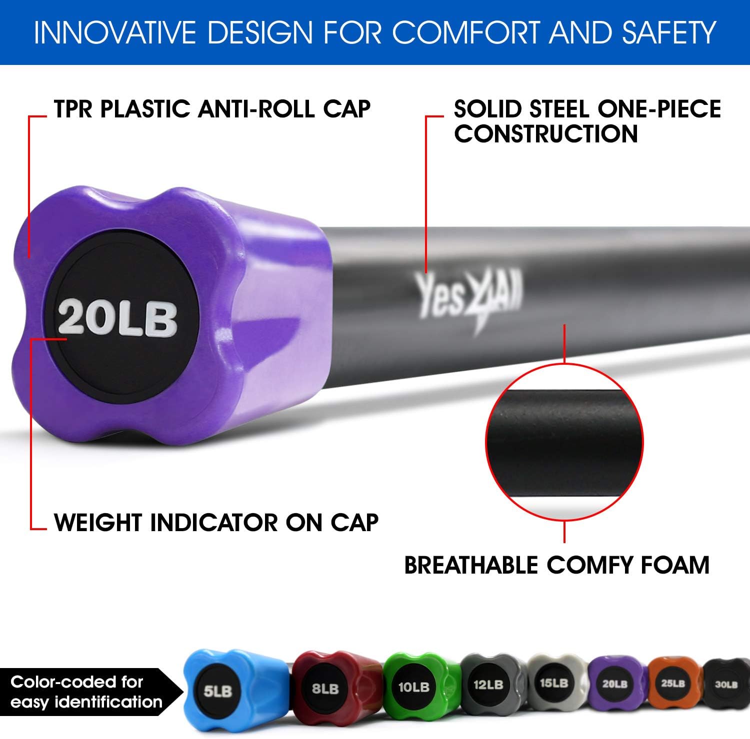 Yes4All Total Body Workout Weighted Bar/Weighted Workout Bar - Great for Physical Therapy, Aerobics and Yoga - Weighted Exercise Bar (20 lbs) : Sports & Outdoors