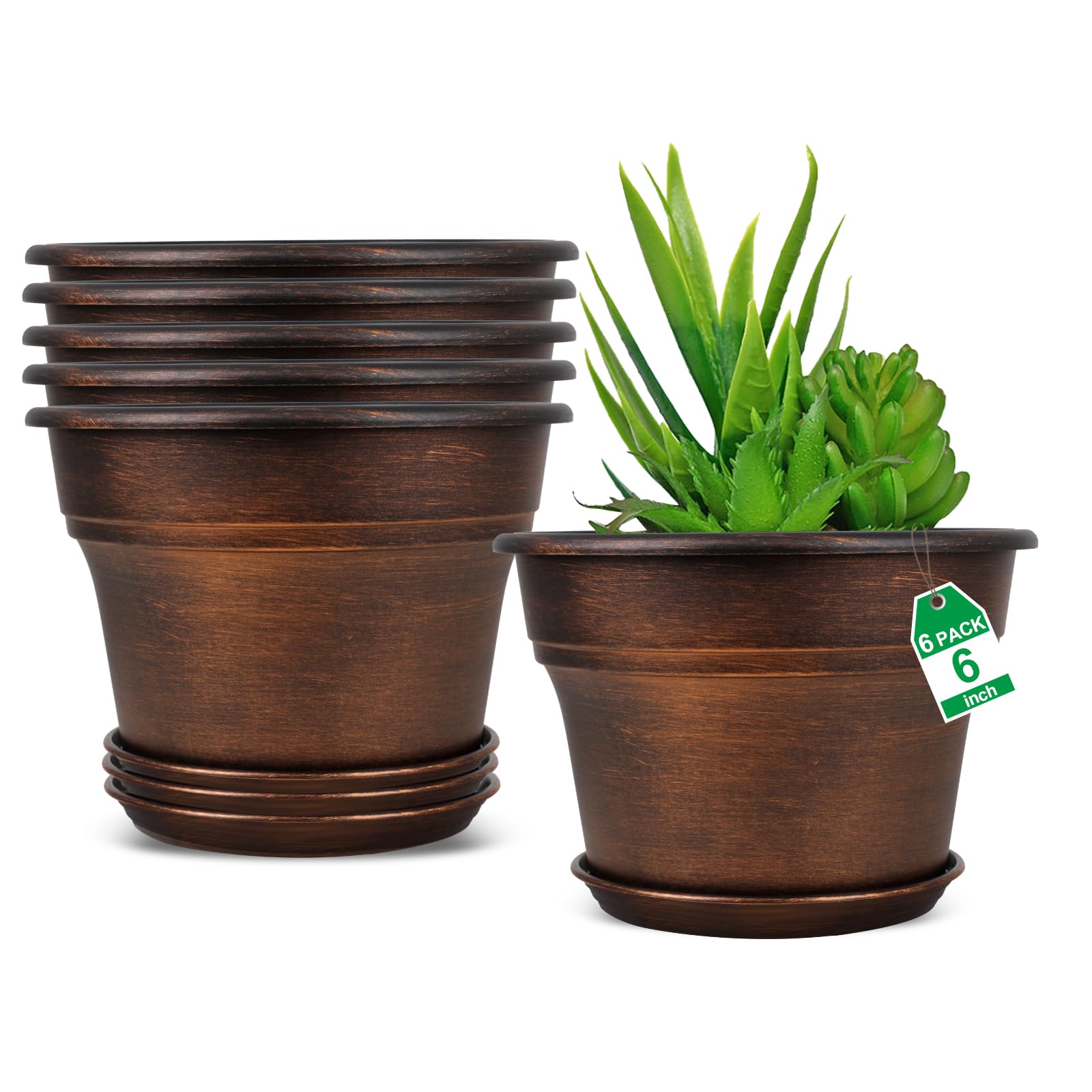 Photo 1 of Plant Planters Pots Set of 6 Pack 6 Inch, Plastic Flower Pot for Indoor Plants with Drainage Holes & Trays, Resin Decorative Container Sets with Saucer for House Outdoor Garden Planters Dark Gold