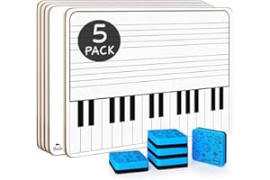 Scribbledo 5 Pack 11 x 14 Inch Piano Board Dry Erase White Boards Keyboard Lapboard l Double Sided Music Staff whiteboard for Kids Students, Musicians and Home (5 Erasers Included)