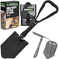 Rhino USA Folding Survival Shovel w/Pick - Heavy Duty Carbon Steel Military Style Entrenching Tool for Off Road, Camping, Gar