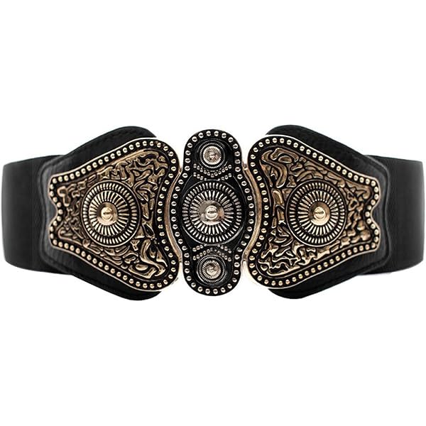 2311 Wide Elastic Cinch Stretch Waistband Retro Gold Medusa Buckle Waist ZYALTFDC Black Belts for Women Dresses Women main image 4
