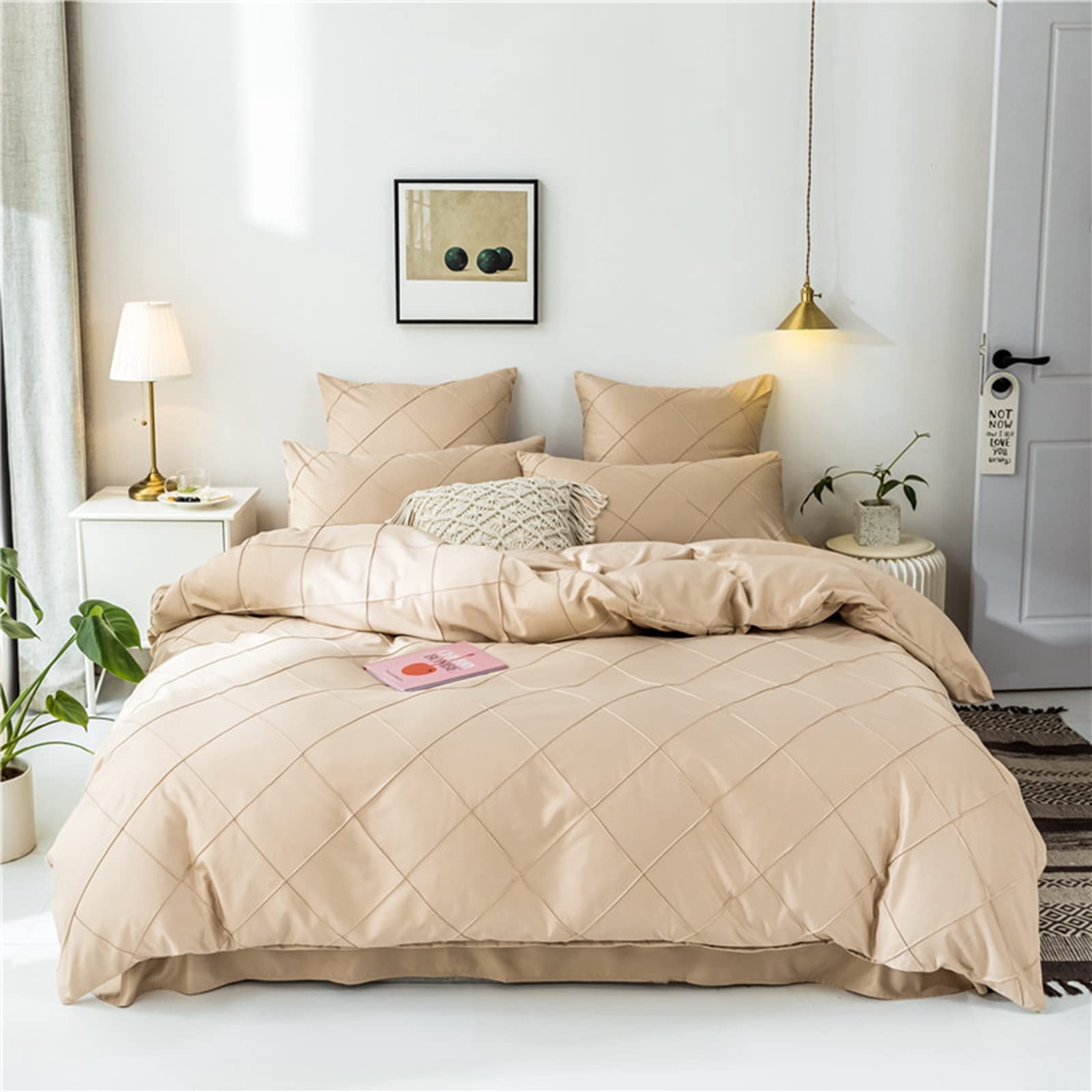 HAVOP Beige Duvet Cover King Size Embossed Stripe Grid Geometric Quilt Cover Set Khaki Soft Microfiber Easy Care All Season Bedding Sets 220×230 cm