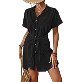 Bsubseach Womens Swimsuit Coverup Short Sleeve Button Down Tie Beach Shirt Dresses Summer Bathing Suit Cover Up Swimwear