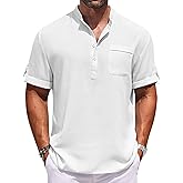 COOFANDY Henley Shirts for Men Short Sleeve Band Collar Casual Shirt Summer Hippie Vacation Beach T Shirts with Pocket