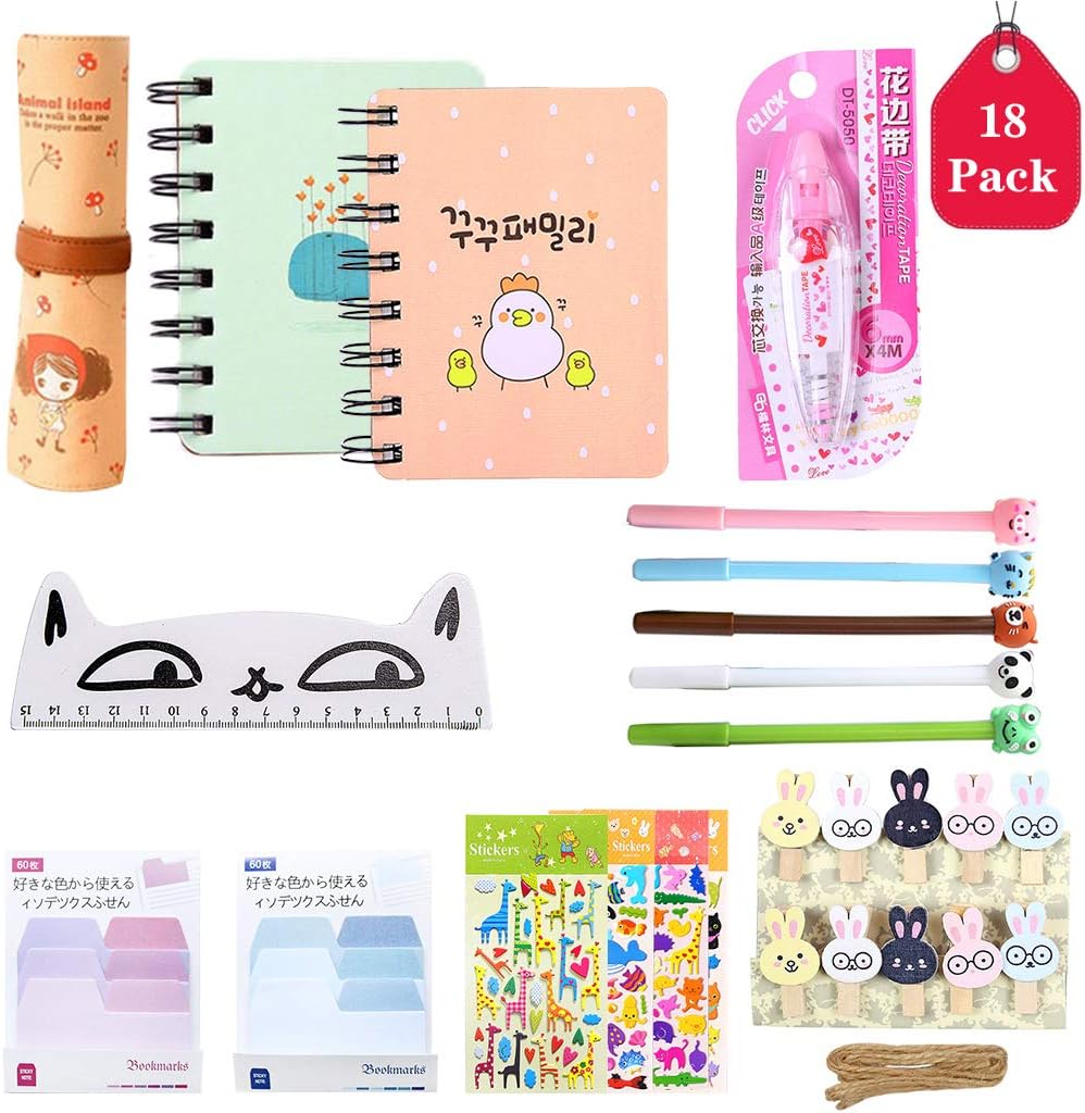 18 Pcs Cute Stationery for Girls, Amycute Canvas Pencil Roll Wood