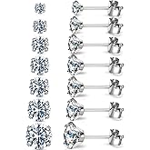 Stud Hoop Earrings Set 7 Pairs Hypoallergenic Cubic Zirconia Titanium Stainless Steel Silver Rose Gold Black 2-8mm CZ Cartilage Helix Flatback Ball Stud Hinged Sleeper Hoop Earrings Sets for Women Men
