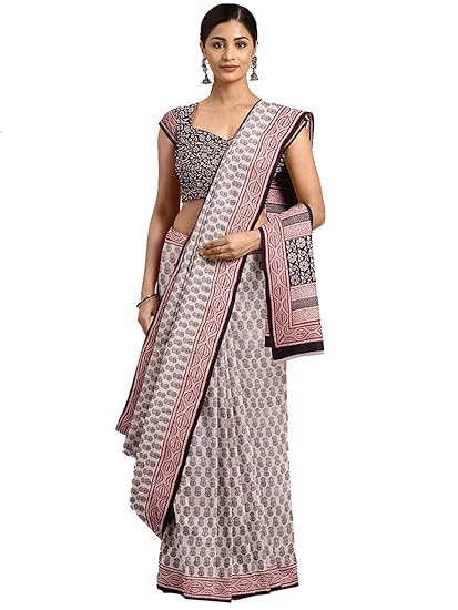 Pure Cotton Off White & Maroon Handblock printed Saree and Blouse MRBASA0016
