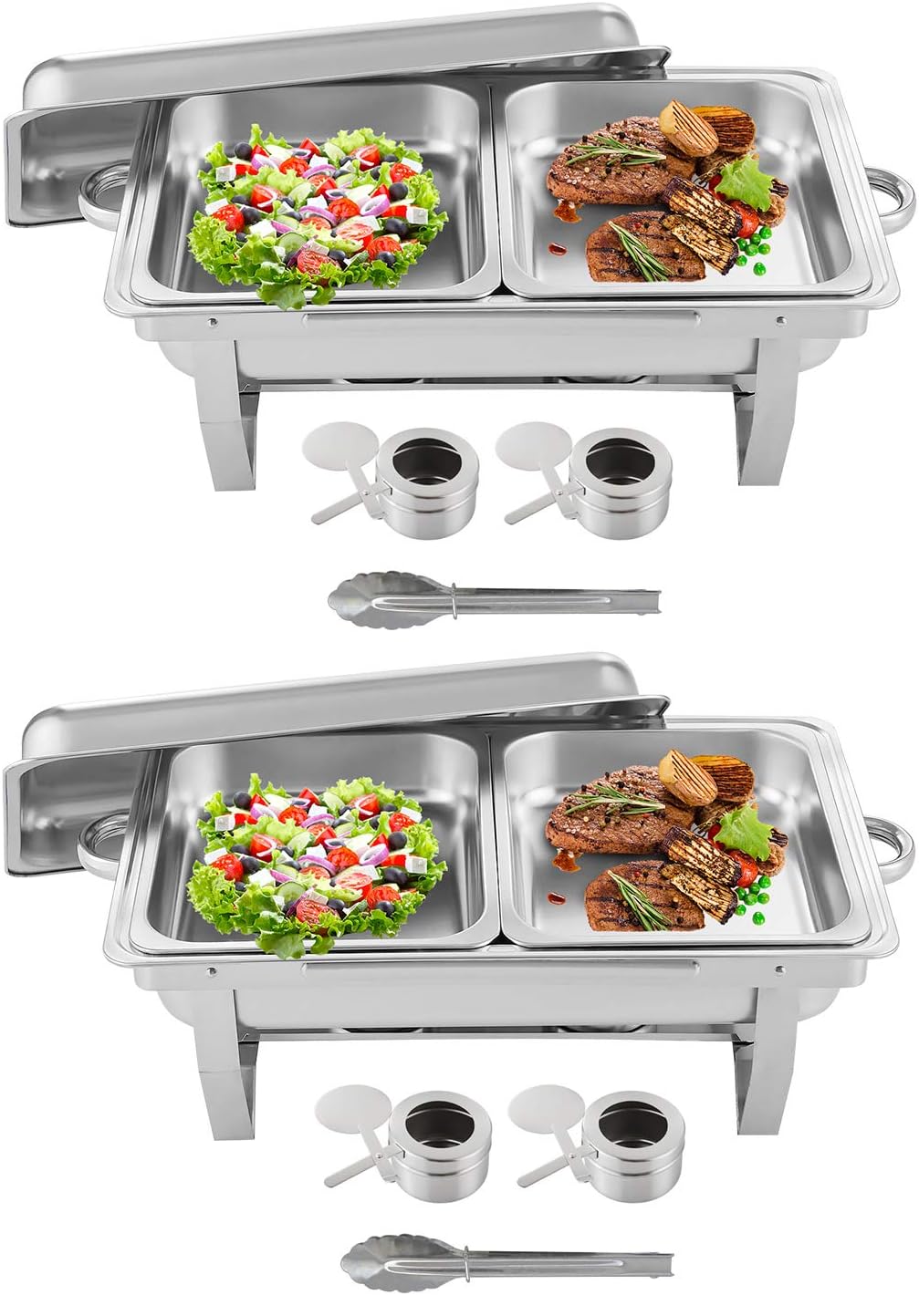 Weanas Chafing Dish 8 Quart Chafer Dish with Folding Frame Stainless Steel Rectangular Chafer Complete Set with 2 Half Size Pan (16 QT 2PACKS)