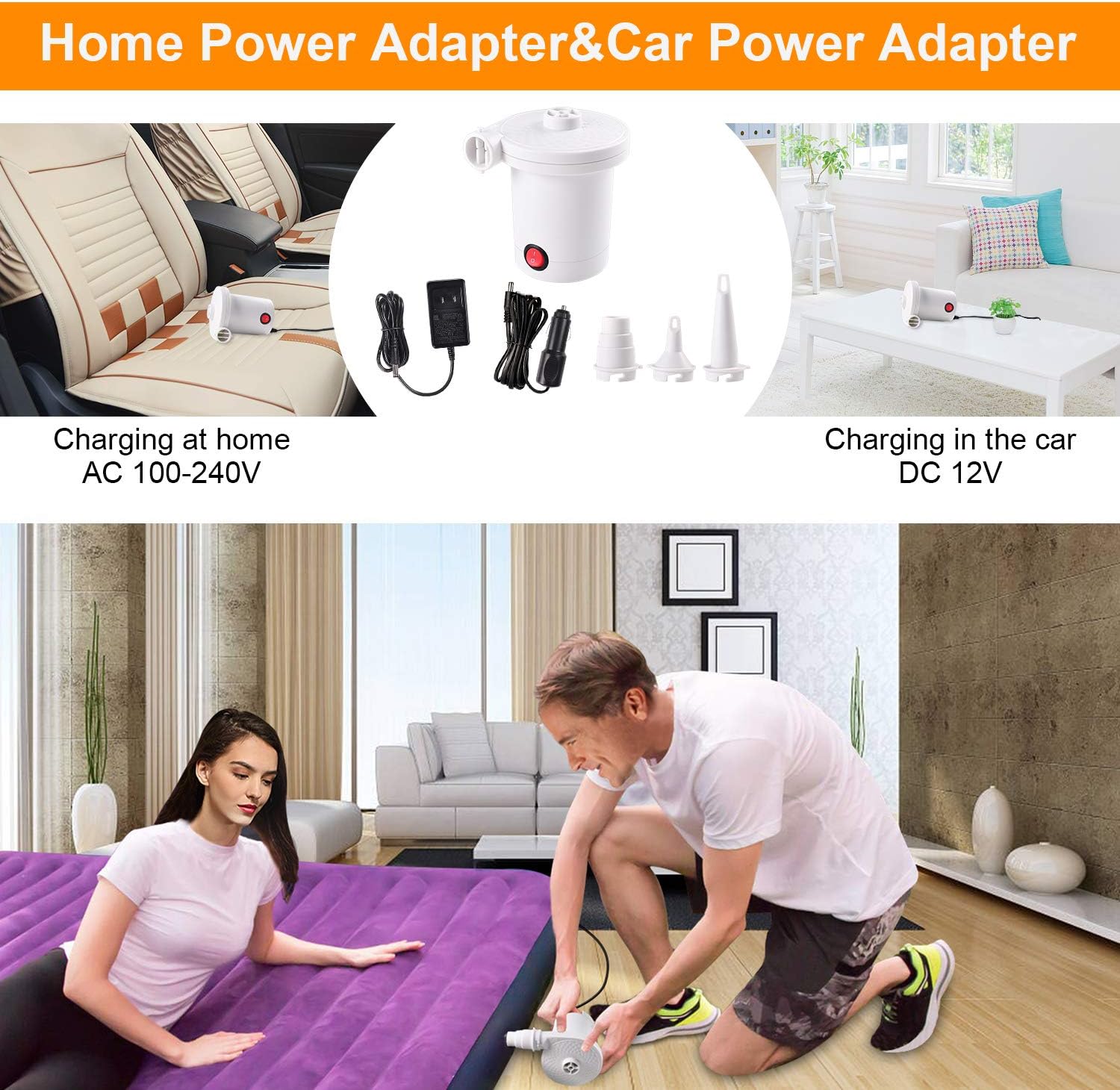 chamvis Mini Electric Air Pump,Portable AC/DC Electric Pump with 3 Nozzles for Inflatables for Air Mattress Exercise Ball Inflatables Bed Boat Pool Toy Raft Pump(White): Home & Kitchen