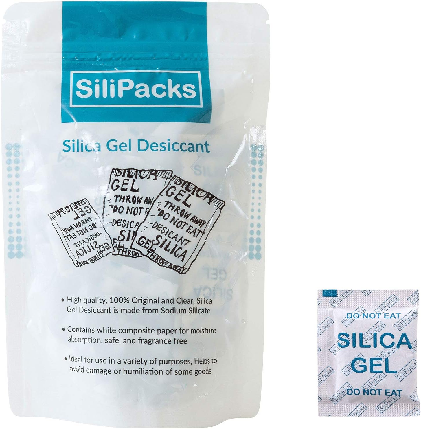 SiliPacks 100packs 2gram Silica Gel Packets Moisture Desiccant Packs, Non-Toxic Reusable Desiccant Dehumidifiers