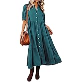 R.Vivimos Women's Summer Cotton Half Sleeves Button Down Casual Loose Slit Midi Dress with Pockets
