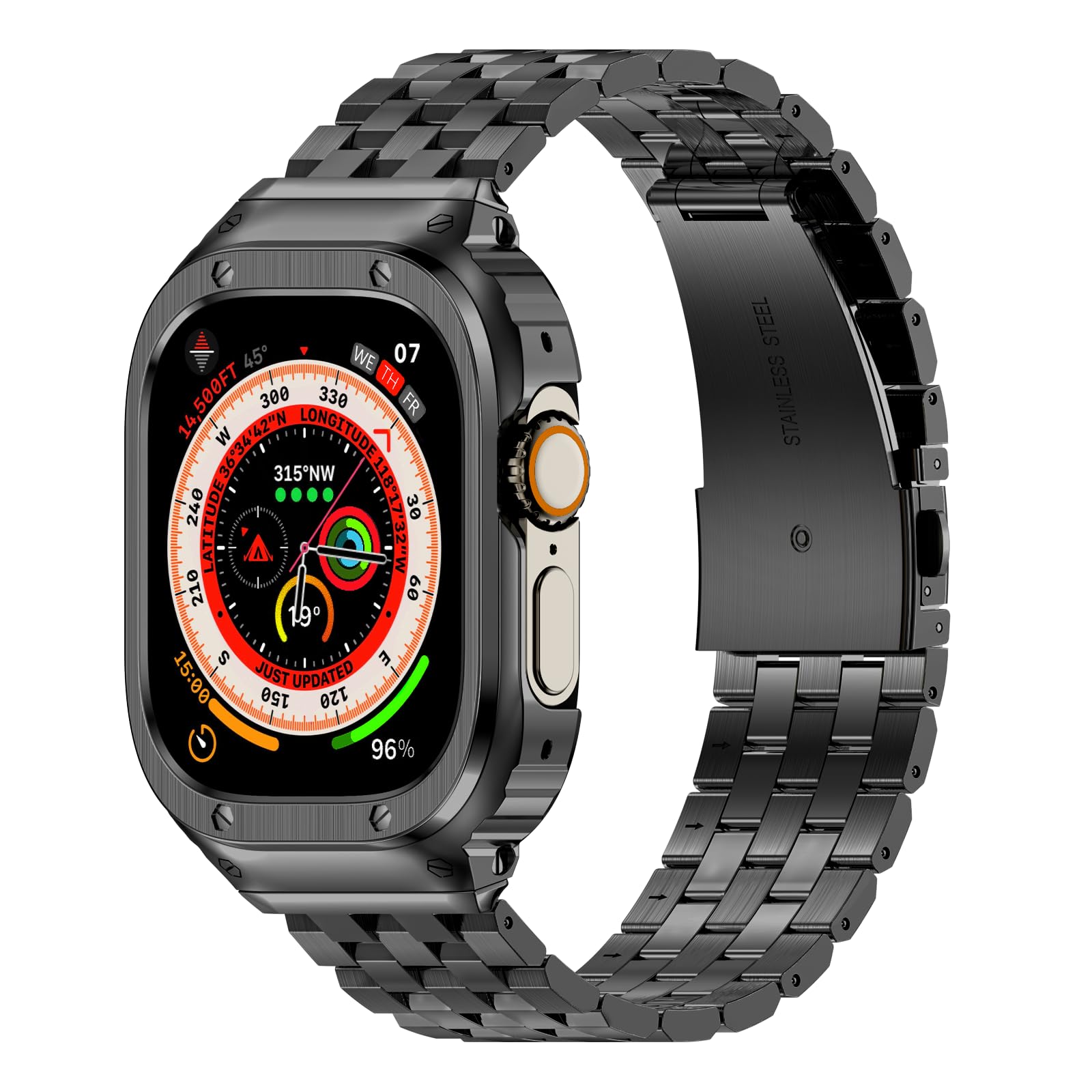 HASLFM Apple Watch Straps Compatible for Apple Watch Ultra 3/2/1 49mm,Rugged Metal Stainless Steel iWatch Band with Protective Case for Men，Grey