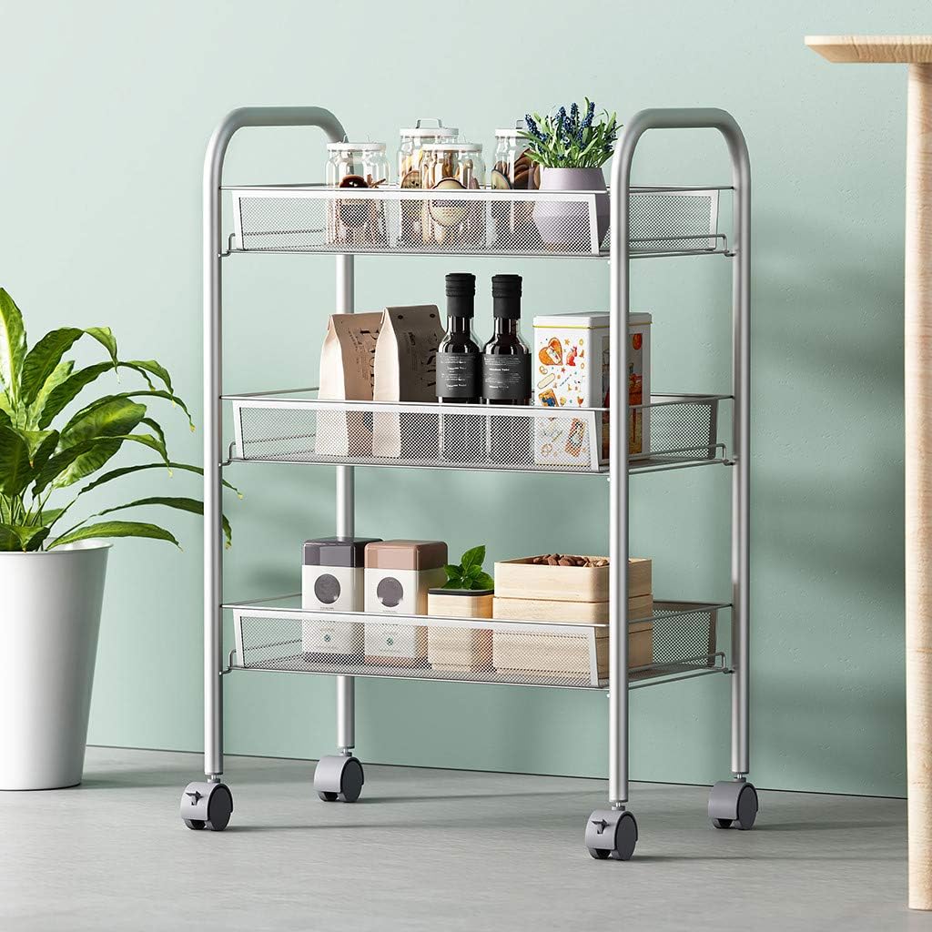 3-Tier Rolling Basket Stand, KCPer Full Metal Rolling Trolley for Kitchen & Bathroom - Three Tier Storage Cart w/Shelves & Wheels - 45×27×63 cm, Shipped By US