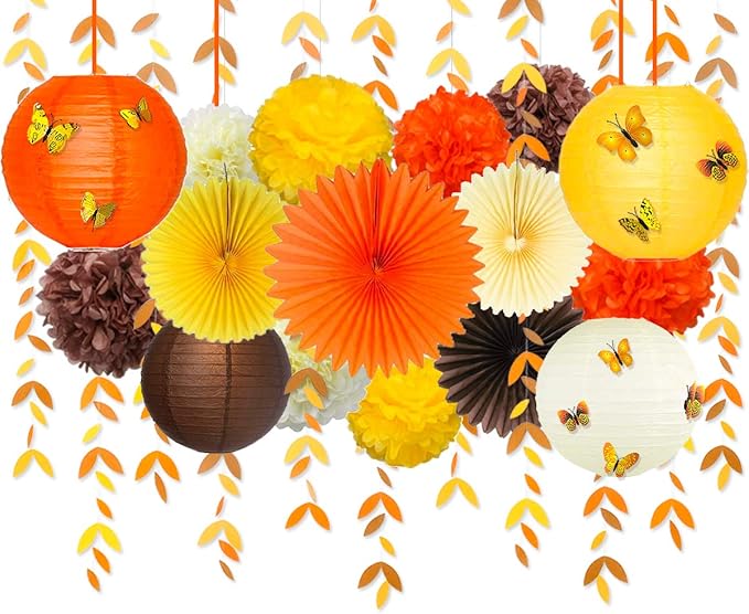 Fall Party Decorations Kit Yellow Orange Brown Paper Hanging Fans