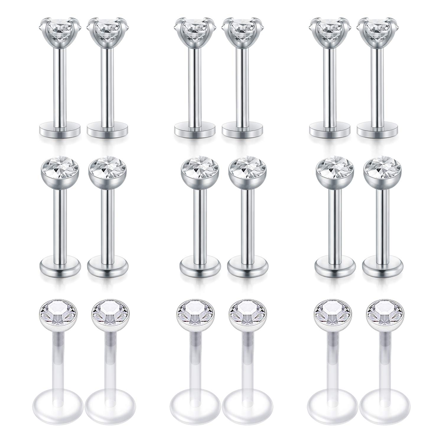 Rajnard 18Pcs Lip Bars 16G 8mm Tragus Helix Earrings Studs Labret Studs Stainless Steel Silver& Flexible Acrylic with CZ Monroe Medusa Piercing Jewellery for Women Men
