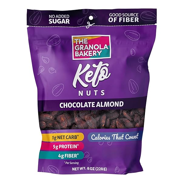 TGB CHOCOLATE ALMOND KETO NUTS, 1G NET CARB, NO ADDED SUGAR, HIGH FIBER, GLUTEN FREE, GRAIN FREE, HEALTHY LOW CARB SNACK, 8OZ RESEALABLE CEREAL BAG