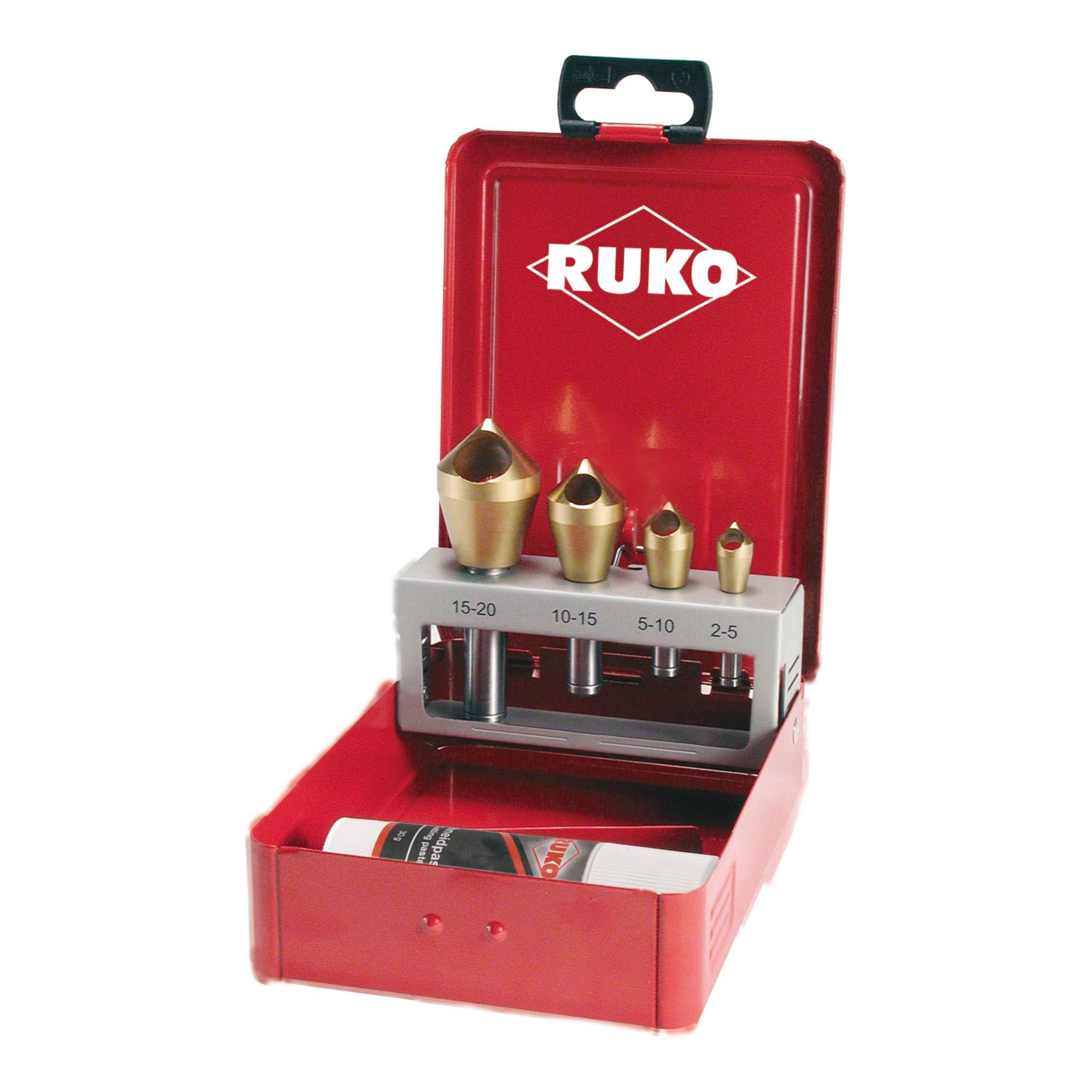 RUKO HSS Slotted Taper and Deburring Counter Sinker Set in Steel Case, 90 Degree, Tin Finish, 5 Pieces, R102312T