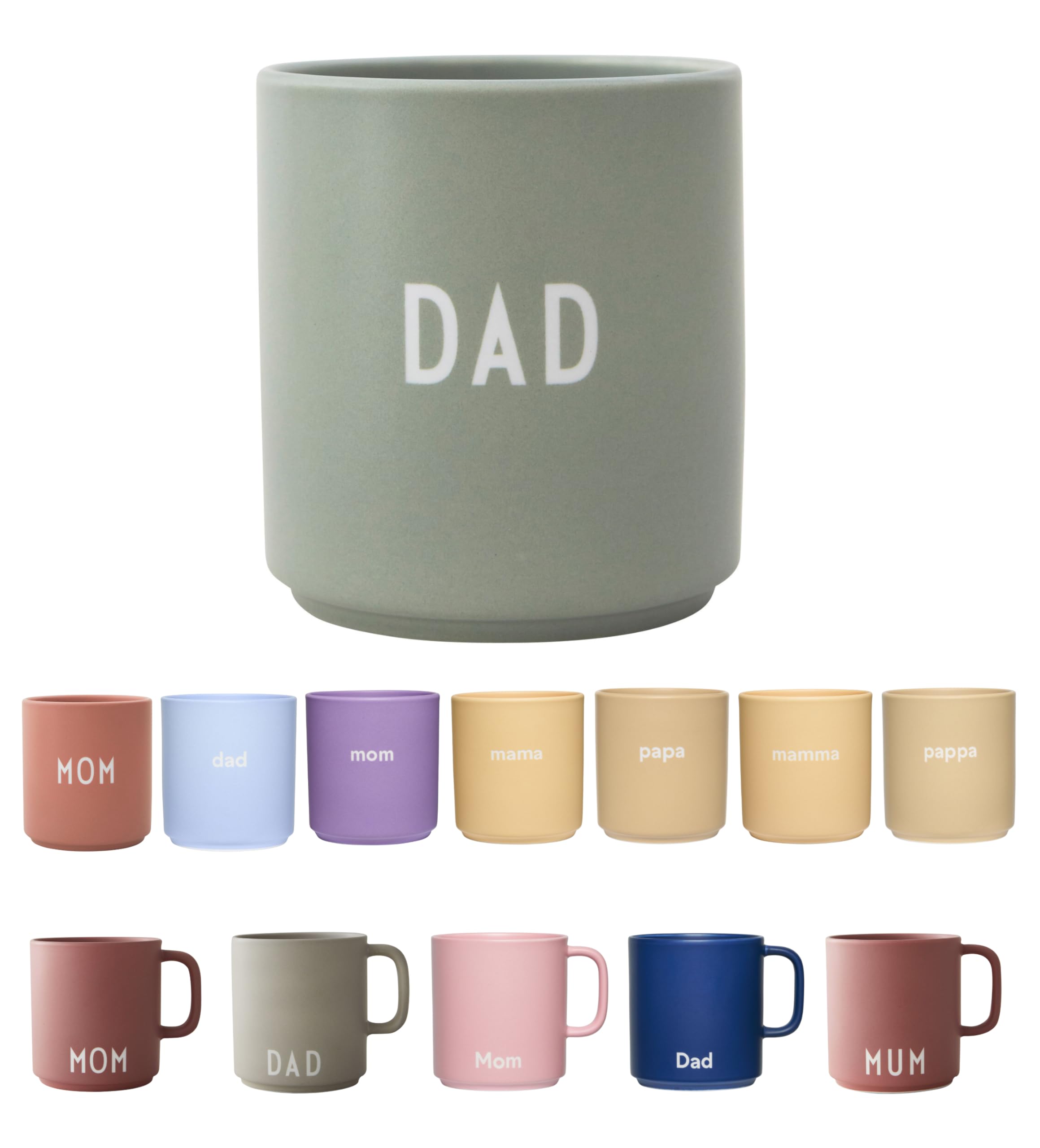 Design Letters Favourite Cup, DAD (Green) - Decorative Drinking Cup with Many Functions. Made in Fashionable Colours with Different Statements. Great as a Gift. Dishwasher & Microwave Safe. 250 ml
