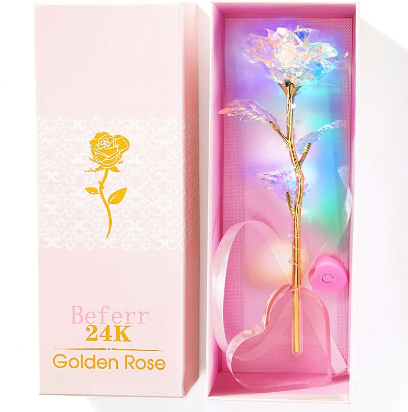 Beferr Galaxy Forever Rose Gift for Mum Rainbow LED Heart Base