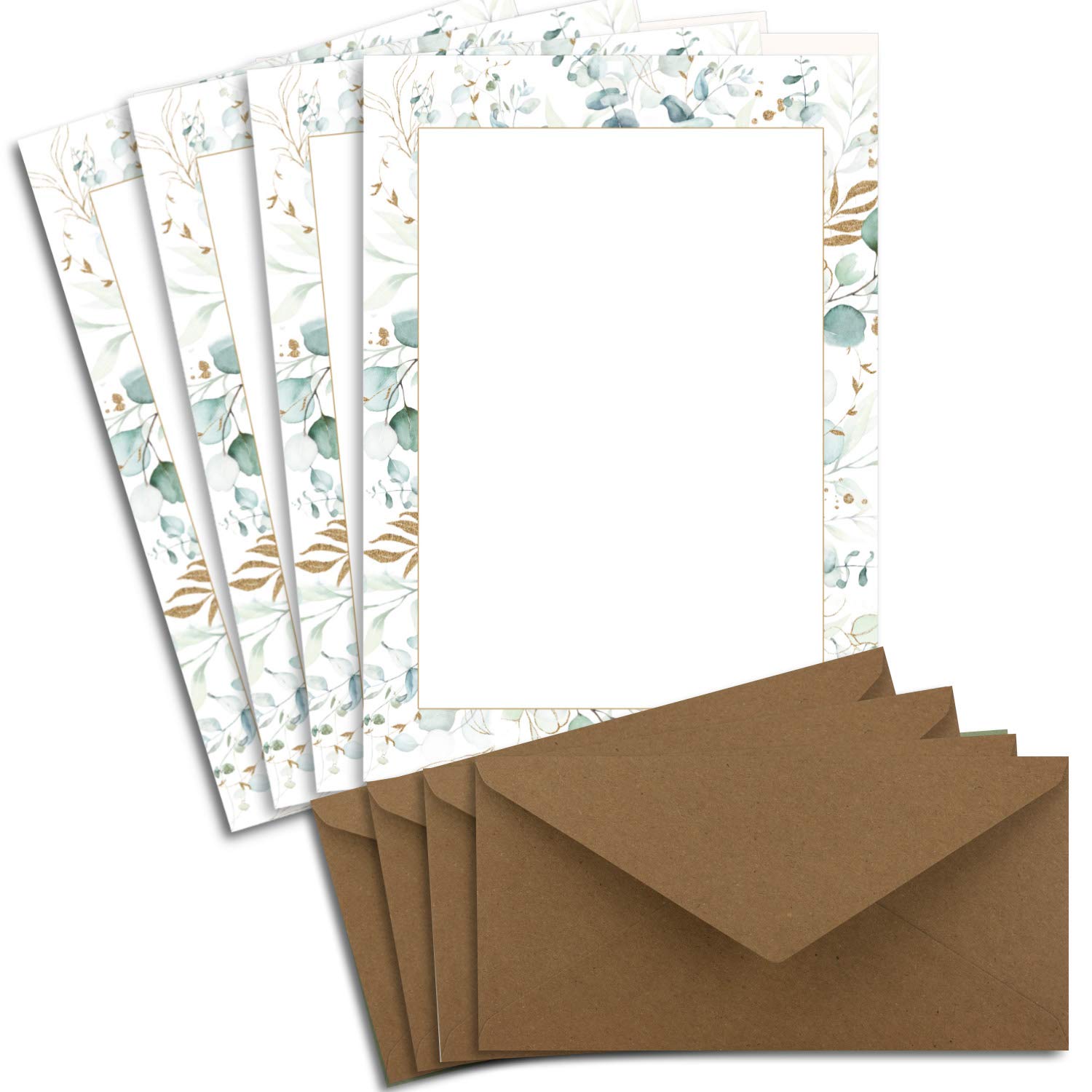 Glüxx Agent 25 Sets of Letter Paper DIN A4 – Cream – Frame with Eucalyptus Branches – Envelopes DIN Long in Kraft Paper Natural Brown – Printable – Ideal for Wedding Invitations