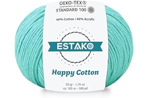 Estako Happy Cotton, 60% Cotton 40% Acrylic Yarn, Soft, Fine/Sport (2) for Crochet and Knitting 1.76 Oz (50g) / 180 Yrds (165m) (4260 - Cyan)
