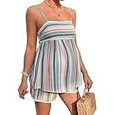 MakeMeChic Women's Maternity 2 Piece Outfits Striped Lace Trim Shirred Cami and Shorts Pregnancy Set