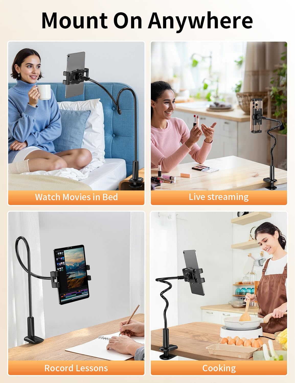 Gooseneck Tablet Holder Stand for Bed Adjustable Flexible Long Arm Tablets Mount Clamp on Table Compatible with iPad Air Mini | Galaxy Tabs | Kindle Fire | Switch or Other 4.7-12.9