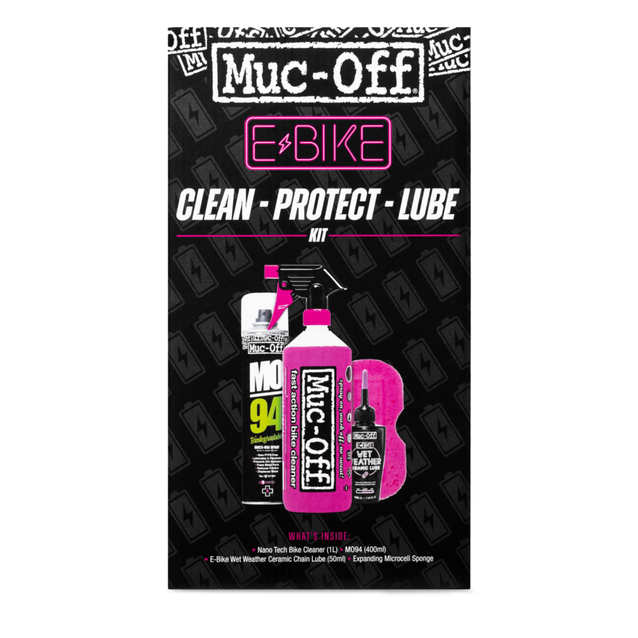 Muc-Off eBike Clean, Protect & Lube Kit - Electric Bike Cleaning Kit Bundle with Nano Tech Bike Cleaner, MO-94 Spray, Wet Chain Lube, and Sponge - eBike Maintenance Essentials