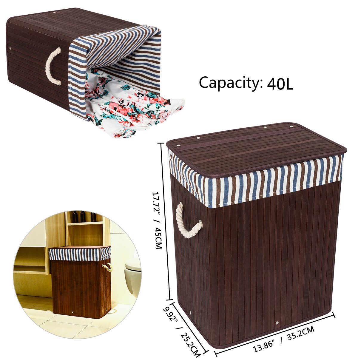 WOWLIVE Bamboo Laundry Hamper Lid Laundry Basket Rectangular Collapsible Organizer Dirty Clothes Washing Bin (40L)