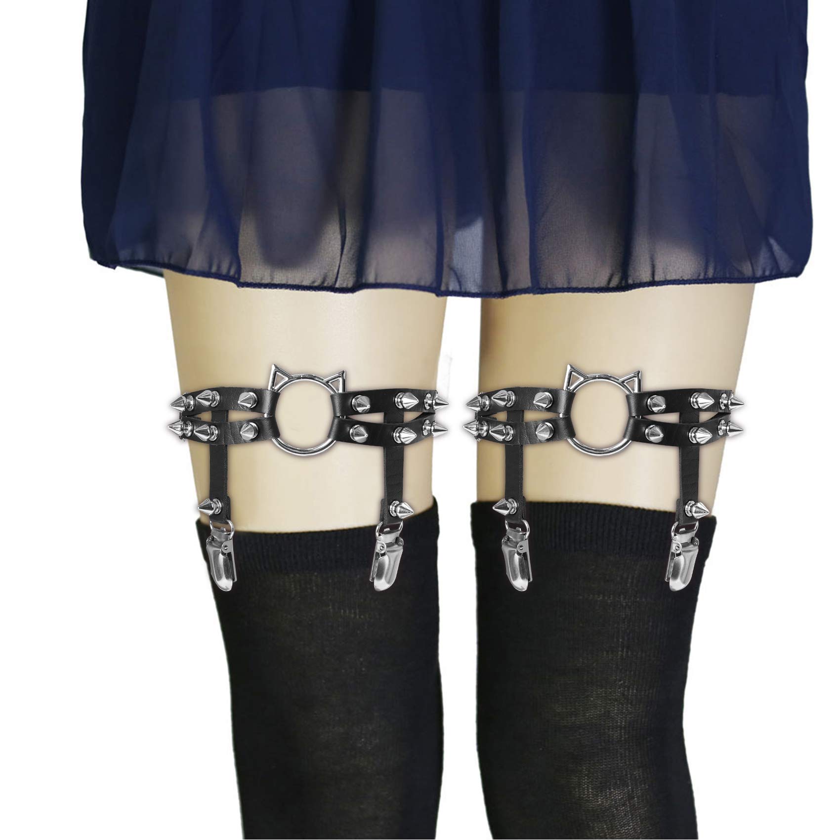 2pcs Cat Leg Garter with Clips, Elastic Adjustable Thigh Garters Belt for Women, Black/White