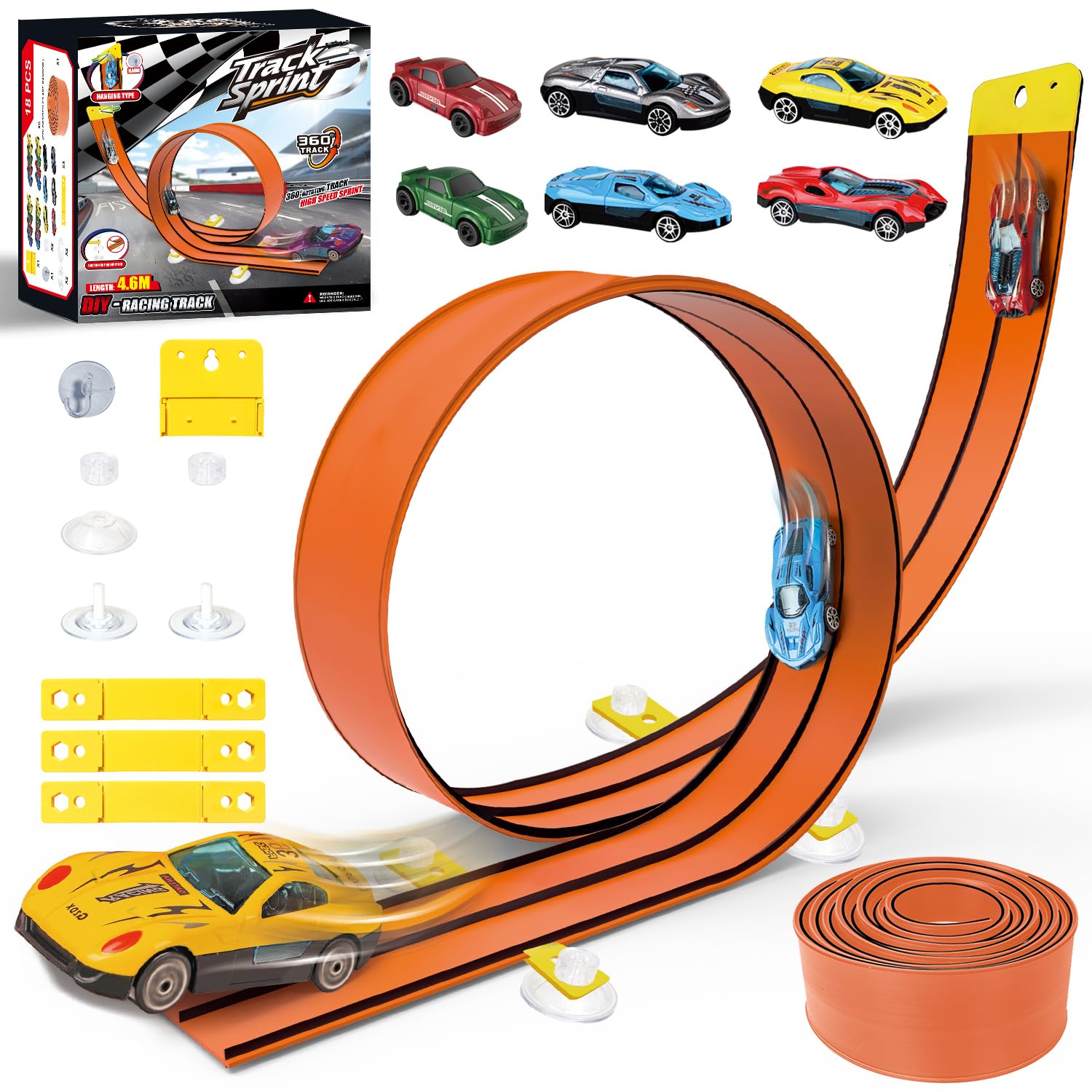 Flexible Race Car Track for Kids, 4.6M Flex Race Car Track Toys for Toddlers Age 3+, Compatible with 1/64th Diecast Cars, Portable Roll Up DIY Track Set with Strong Suction Cups.(Black and Orange)