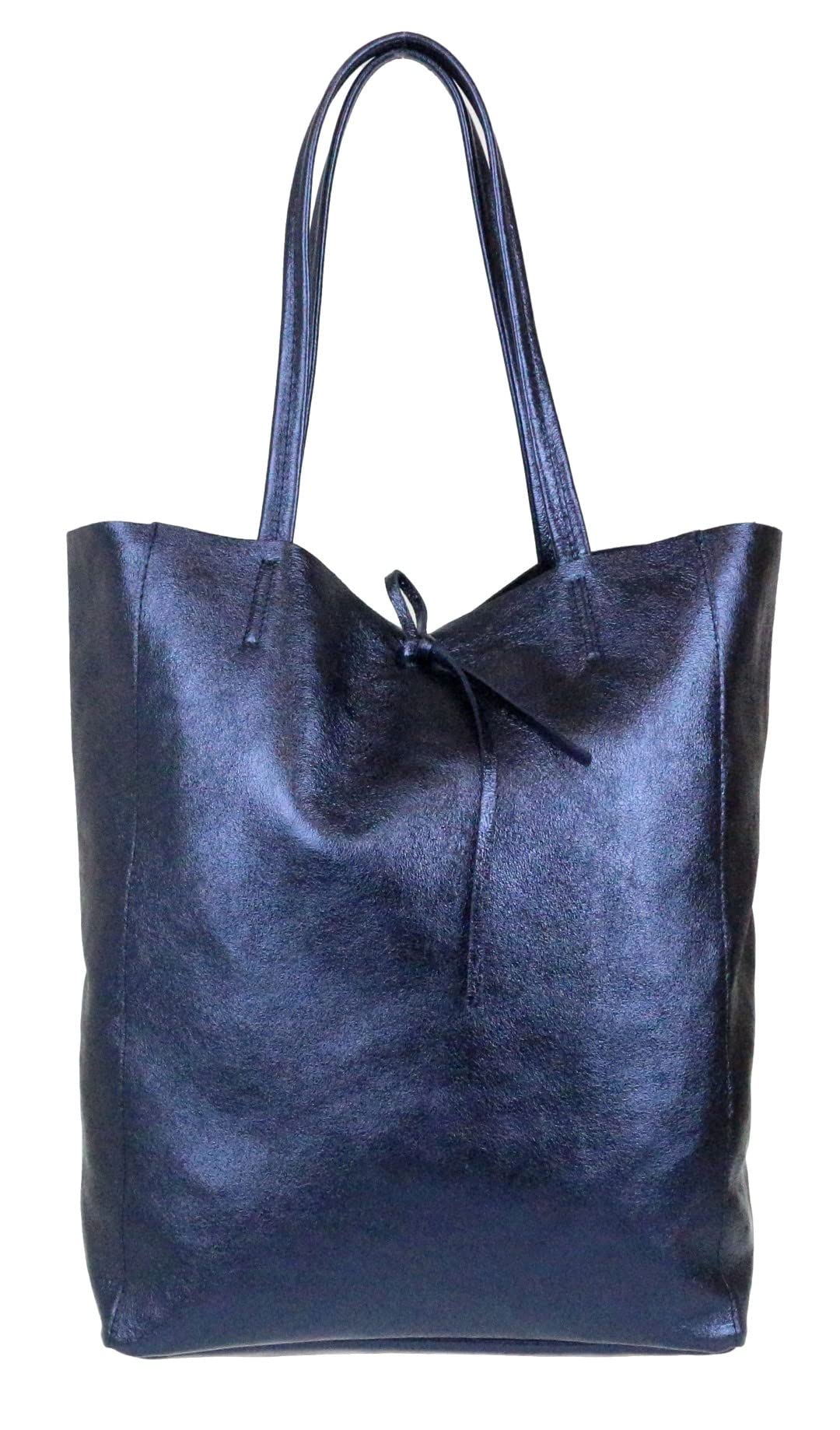 Girly Handbags Womens Open Top Genuine Leather Handbag - Metallic Navy