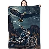 Freedom Ride Motorcycle Throw Blanket for Adults Kids, 50x60 in, Bald Eagle Theme Flannel Blankets for Bedroom, Couch, Travel, Home Decor, Fuzzy Soft Cozy Warm Gifts