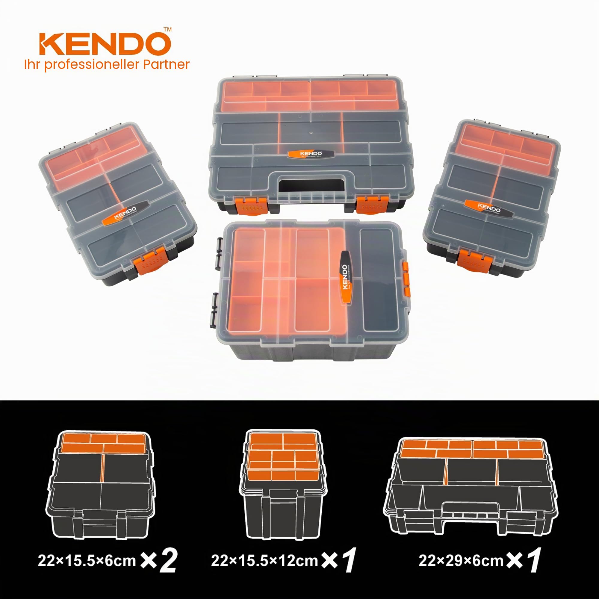 KENDO Sortierboxen für Kleinteile Set - 3-tlg. 32 Fächer - Sortimentskasten 4