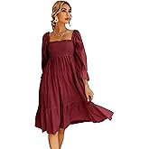 R.Vivimos Women's Summer Cotton Plaid Puff Sleeves Bow Casual Off-Shoulder Boho Midi Dress