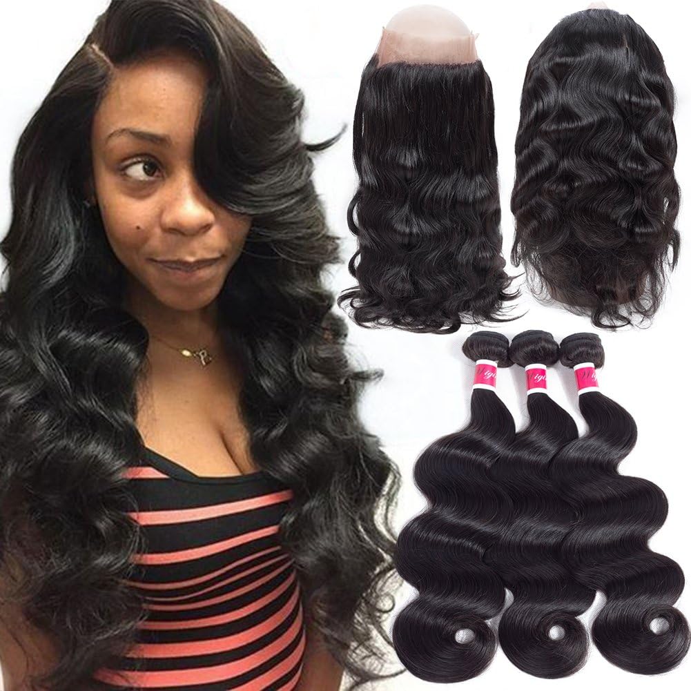 Funky girl Hair 8A Grade 360 Lace Frontal Closure With Bundles Brazilian Body Wave Virgin Hair Bundles With 360 Lace Frontal Unprocessed Human Hair With Frontal (20 22 24 With 18)