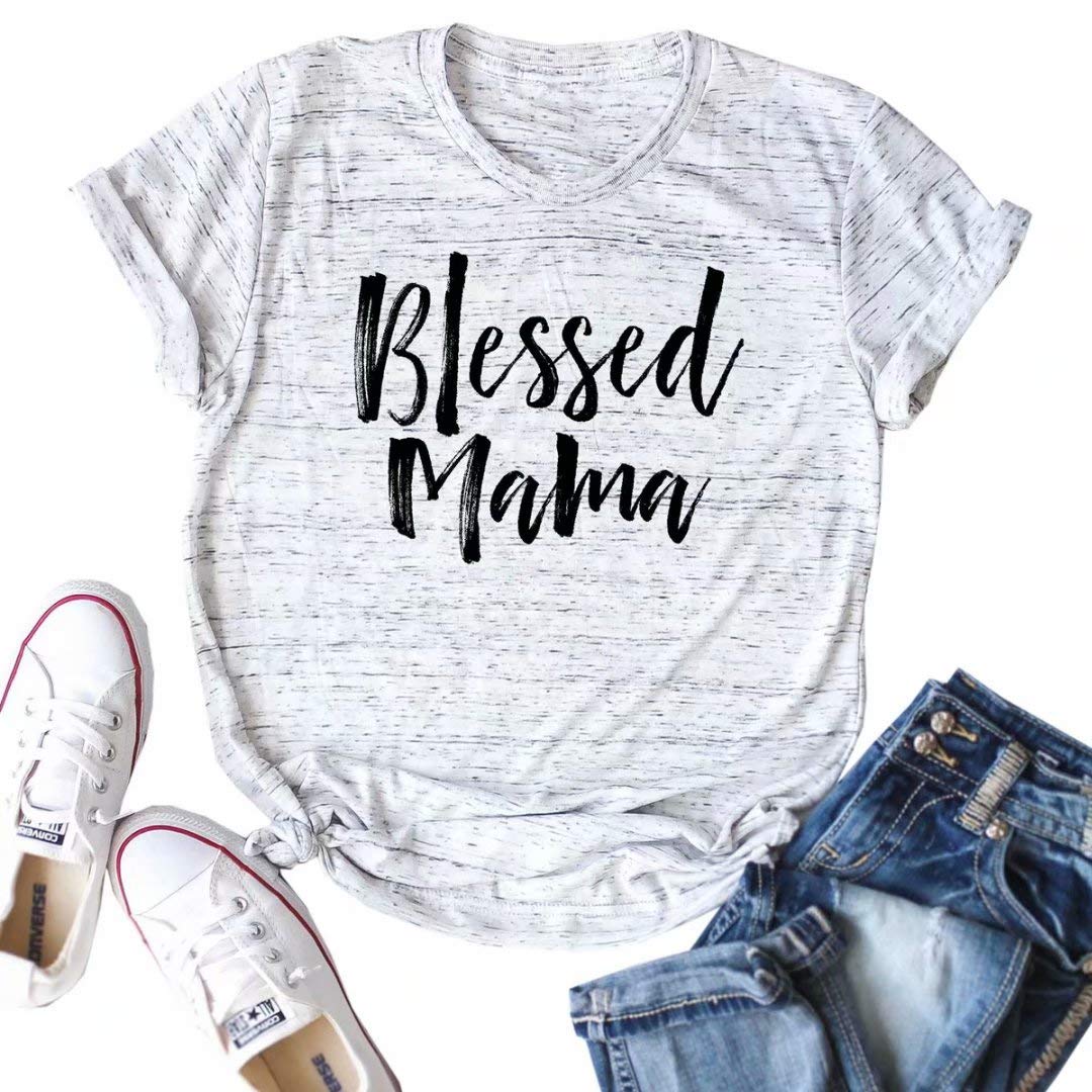 Blessed Mama Letter Print Mom Life Funny Short Sleeve Mother's Day Loose Tops T Shirt