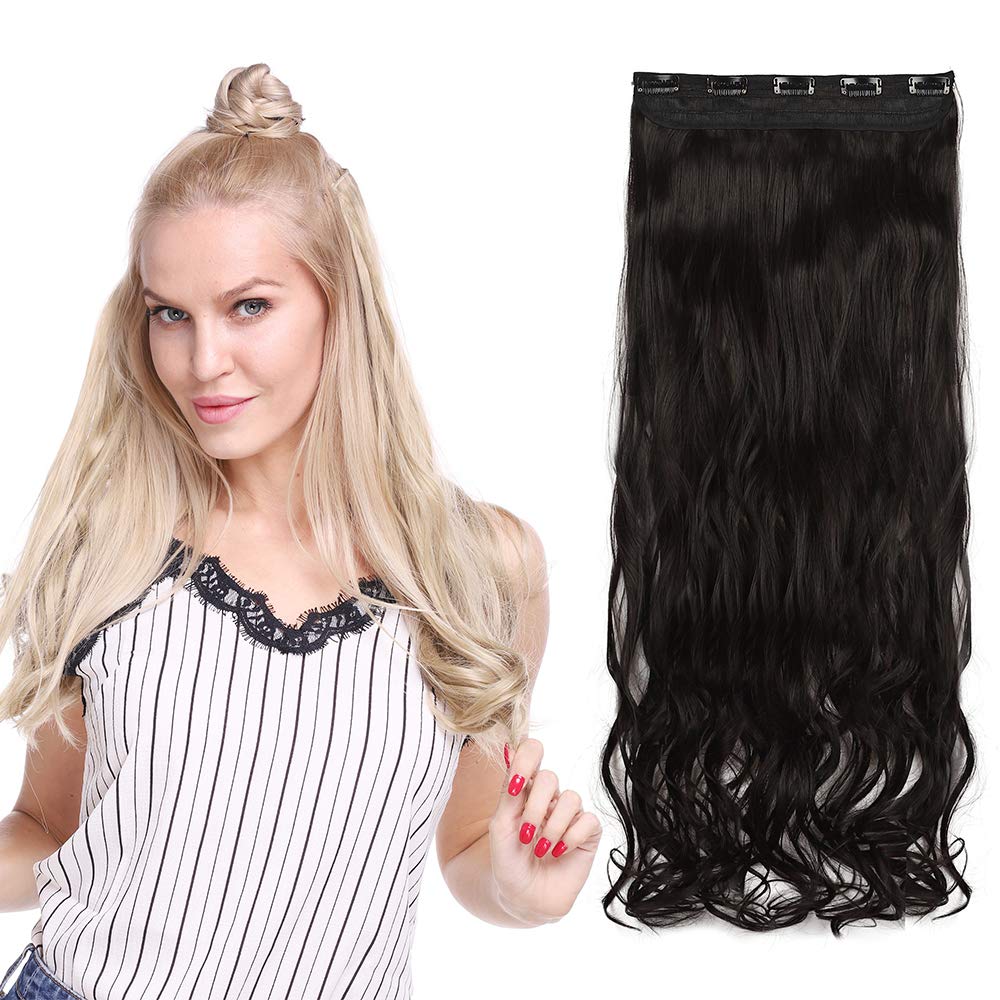 Silk-co 29" One Piece Clip in Hair Extensions Curly Natural BlackHairpiece Synthetic Half Head Heat Resistant — image 1