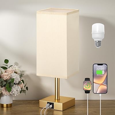 Aooshine Bedside Lamp 3-Way Dimmable USB C USB A Ports Gold Shade
