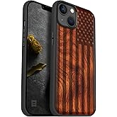 Carveit Magnetic Wood Case Compatible with iPhone 14 Plus Case [Natural Wood & Black Soft TPU] Unique & Classy Wooden Shockproof Protective Cover for MagSafe (American Flag -Rosy)