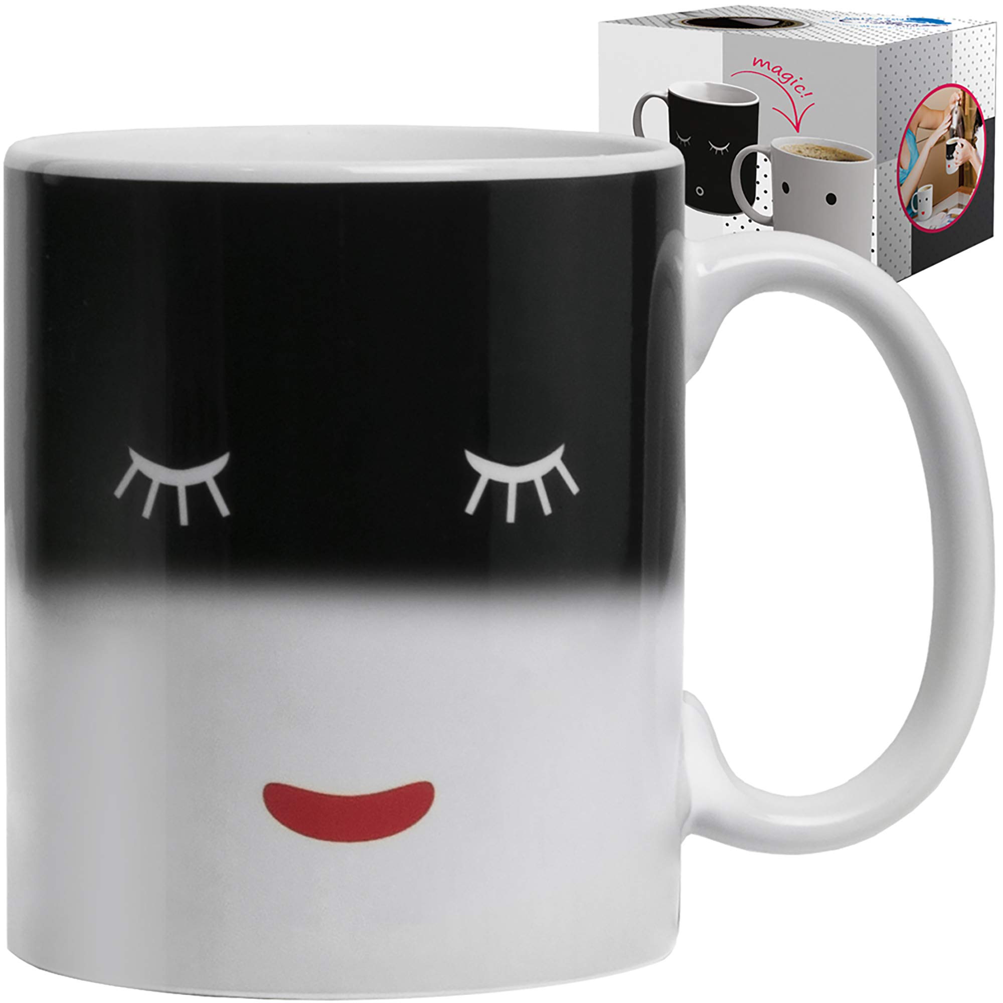 Unique Color Changing Funny Mug - Magic Coffee & Tea Cool Heat Changing Sensitive Cup 12 oz White Cute Face Design Drinkware Ceramic Mugs Morning Birthday Christmas Gift Idea for Mom Dad Women & Men