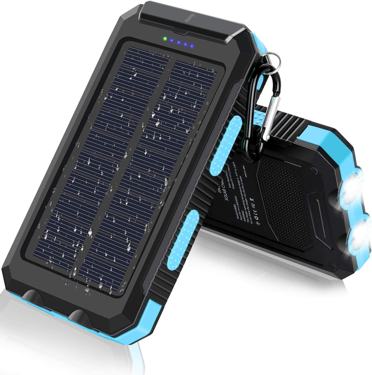 Solar Charger, 20000mAh Portable Outdoor Waterproof Solar Power Bank, Camping External Backup Battery Pack Dual 5V USB Ports Output, 2 Led Light Flashlight with Compass (Blue): Home Audio & Theater