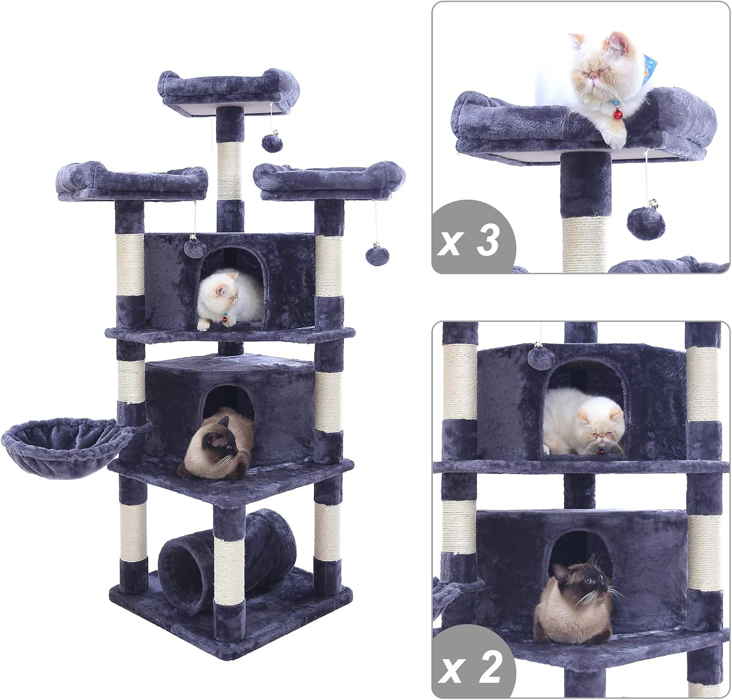 Hey-brother 65" Extra Large Multi-Level Cat Tree Condo Furniture with Sisal-Covered Scratching Posts, 2 Bigger Plush Condos, Perch Hammock for Kittens, Cats and Pets (Smoky Gray) MPJ030G : Pet Supplies