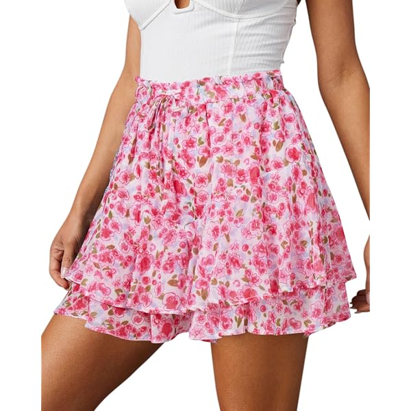 Aoudery Pantalones Cortos De Verano Para Mujer, Estilo Casual, Bohemio, Floral, Con Volantes, Minifaldas, Para Correr, Tenis, Gasa, Con Mariposa, Un Blanco Floral