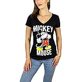 Disney Womens Mickey Mouse Stand V-Neck Tee (US, Alpha, Small, Regular, Regular, Thumbs Up Black)