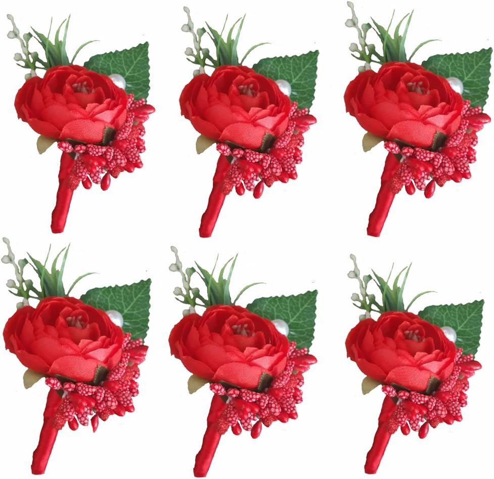 6 Pieces/lot Groom Boutonniere Man Buttonholes Wedding Flowers Party Decoration (Red)