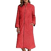 Ekouaer Women's Zip Up Robe Fleece Bathrobe Long Zipper Lounger Warm Housecoat Long Sleeve Nightgown with Pockets S-XXL