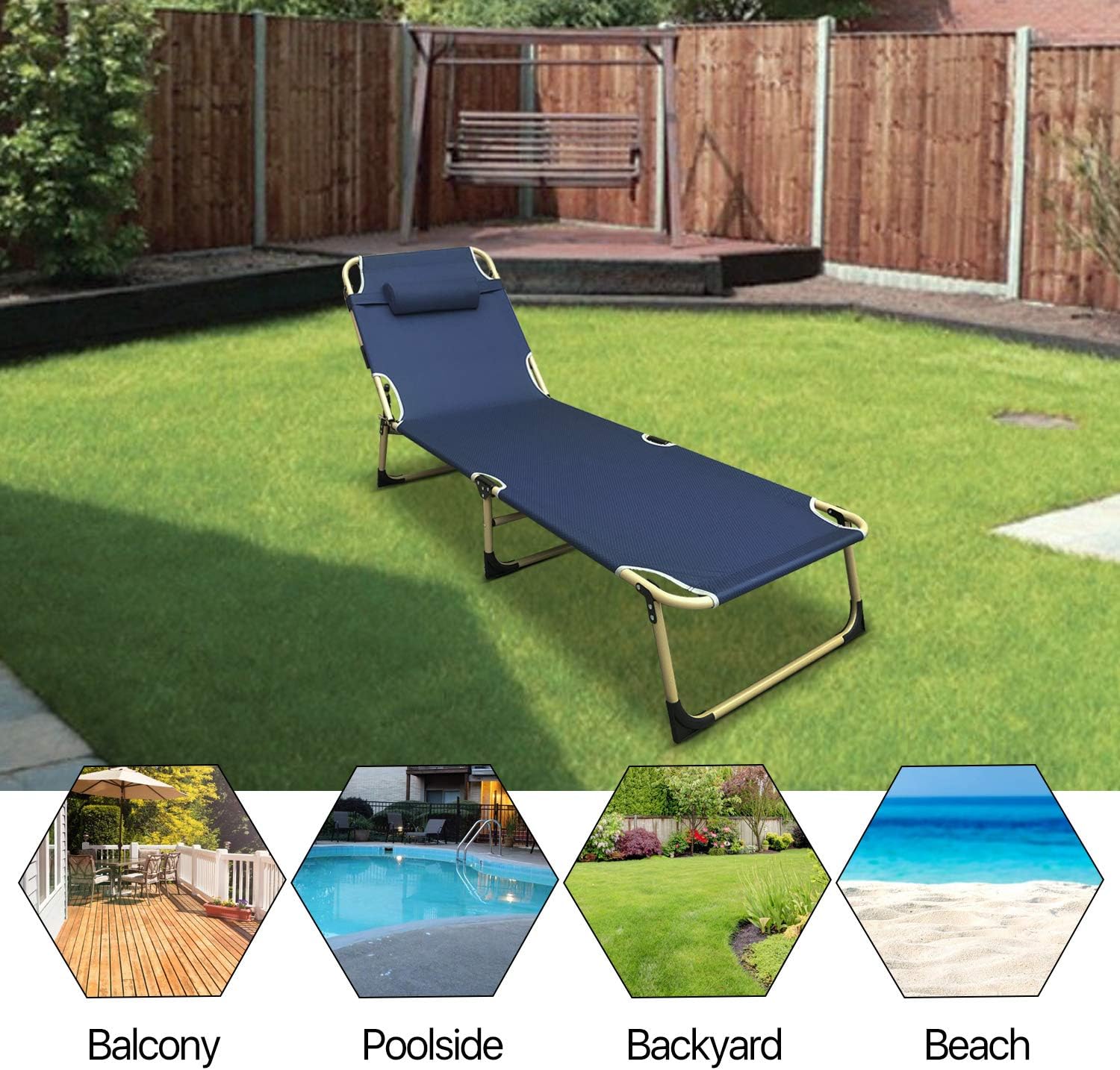 Flexzion Patio Chaise Lounge Chair, Reclining Folding Cot (Dark Blue) Portable Sun Lounger Bed Recliner Relaxer for Outdoor Indoor Yard Pool Beach Camping Sleep Garden with Removable Pillow Headrest: Kitchen & Dining